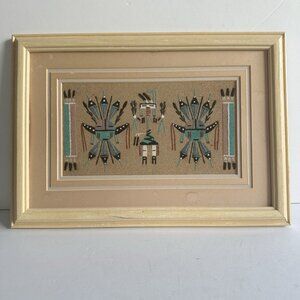 VTG Authentic Navajo Sandpainting Female Yei Signed A. J. 13.5 X 9.5" Frame READ